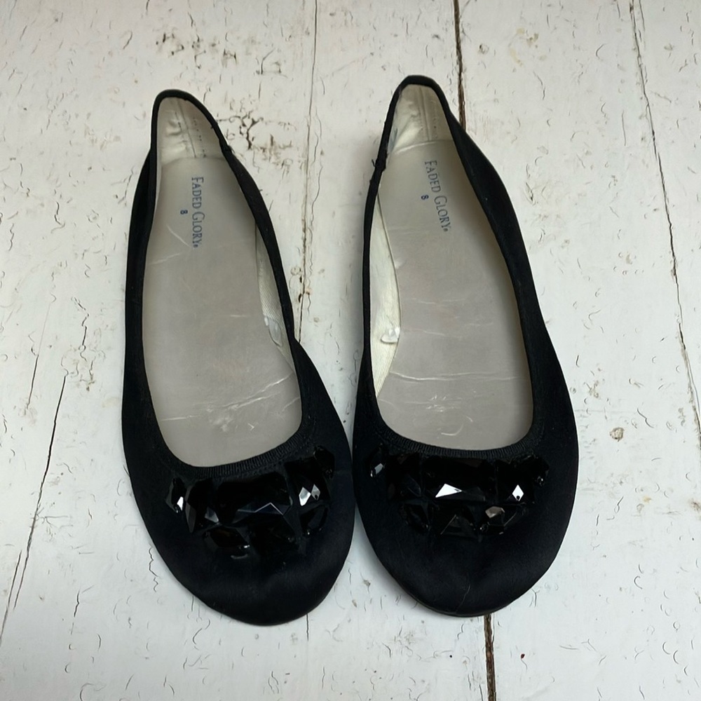 Faded Glory Women’s Size 8 Black Fabric Slip on Sequins Ballet Flats Preowned